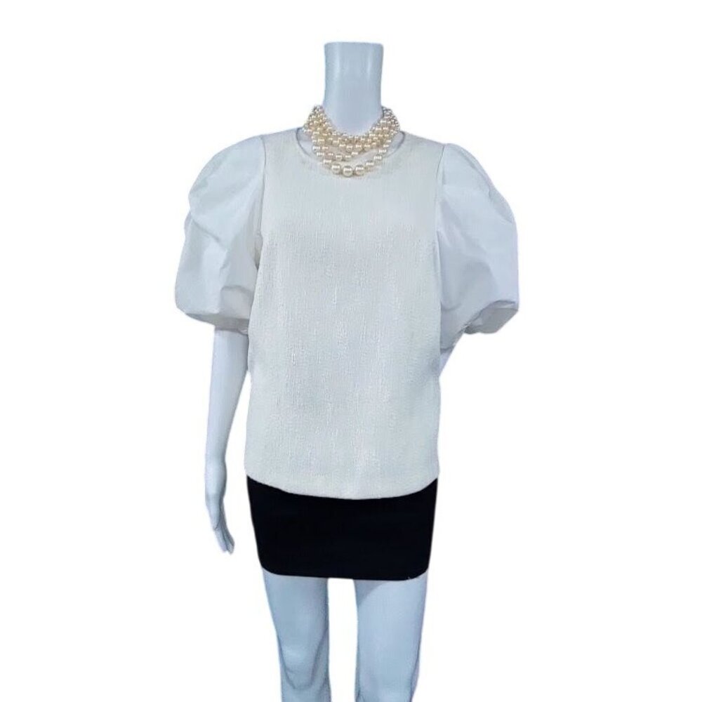 Anthropologie & Black Textured Puff Cream Whimsy Boho Sleeve Blouse L - Picture 2 of 14